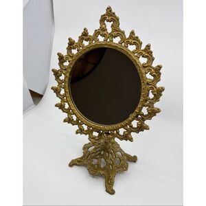 Vintage Ornate Brass Standing Adjustable Swivel Makeup Vanity Mirror Frame Swive